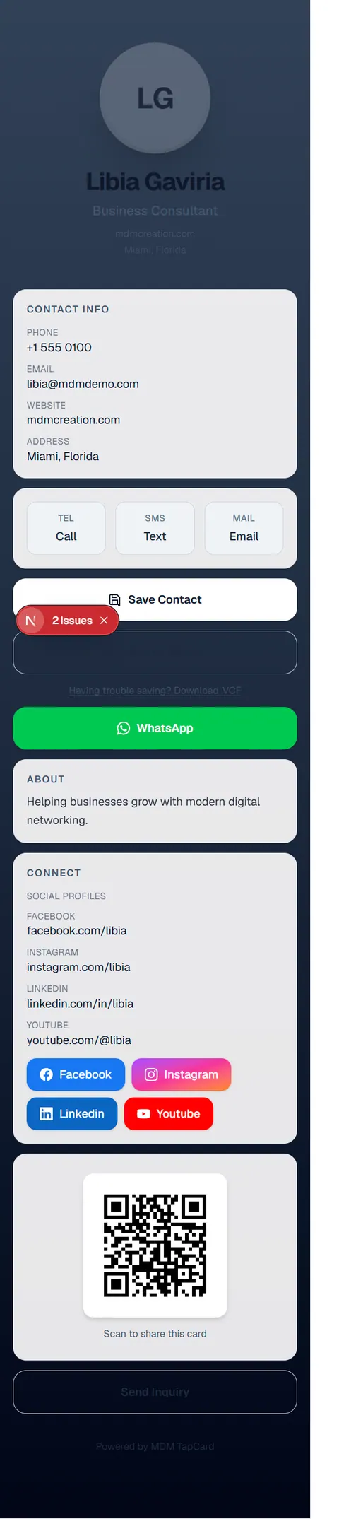 Live MDM TapCard profile with contact actions, social links, and QR sharing